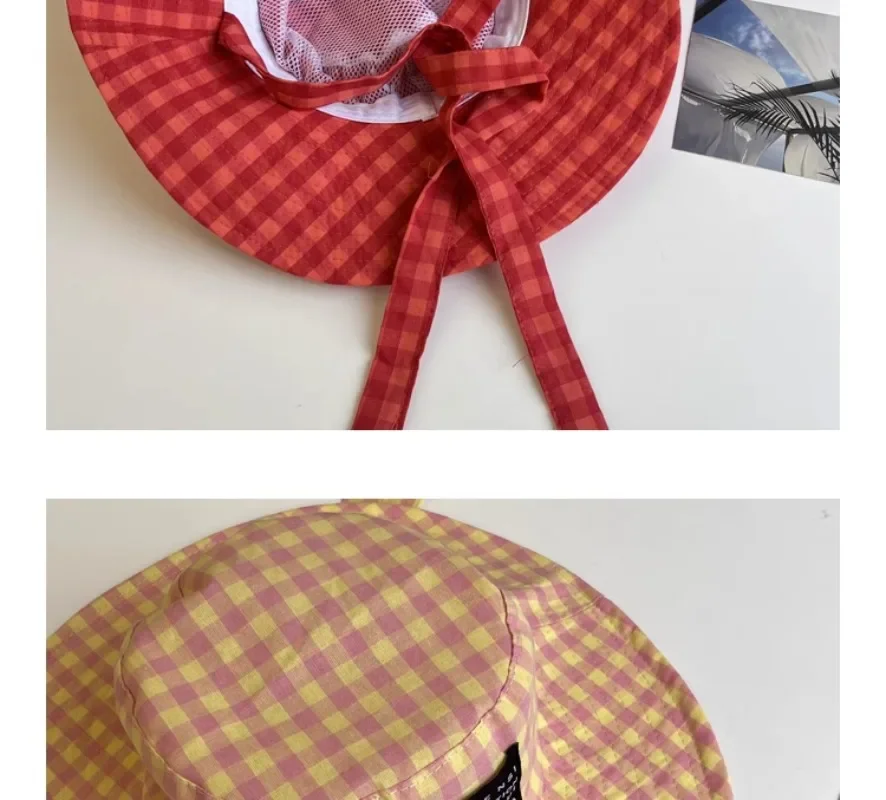 Ins Blogger Retro Plaid Tie Strap Eimer Hut Frauen Sommer Reise Vielseitig Fischer Hut Mädchen Mode Beliebte Breite Krempe Sonne Kappe – Detail 15