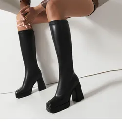Hoge dameslaarzen Knielaarzen Hoge hakken Platform Leer Trend Elegant Stijlvol Sexy Zwarte designerschoenen Biedt grote maten