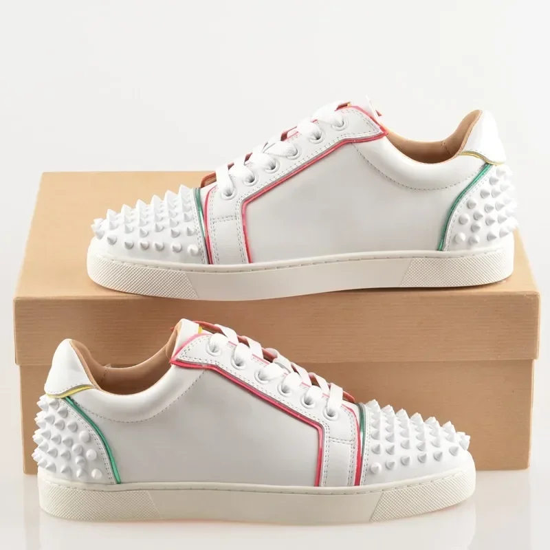 

Spike Rivet Women Sneakers Platform Flat Shoes Unisex Lace Up Genuine Leather Men Women Flats Studs White Basket Casual Sneakers