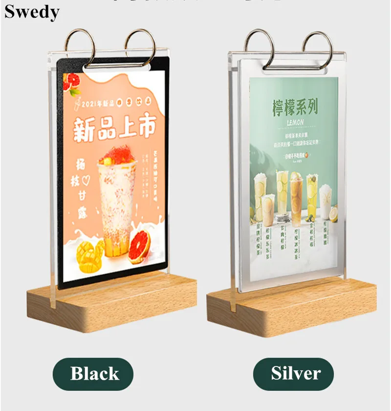 A6 105X148MM Page Turning Wood Acrylic Sign Holder Display Stand Picture Poster Paper PVC Frame Restaurant Table Menu Holder