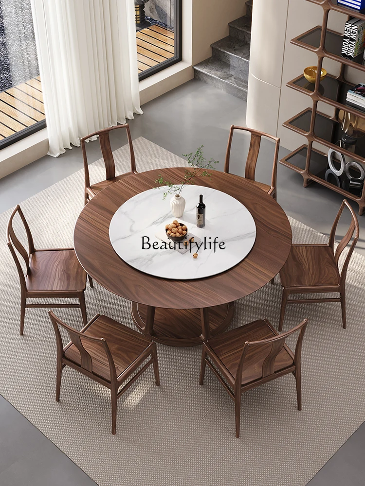 Solid wood round table, black walnut Chinese-style household size apartment with rock slab turntable round dining table