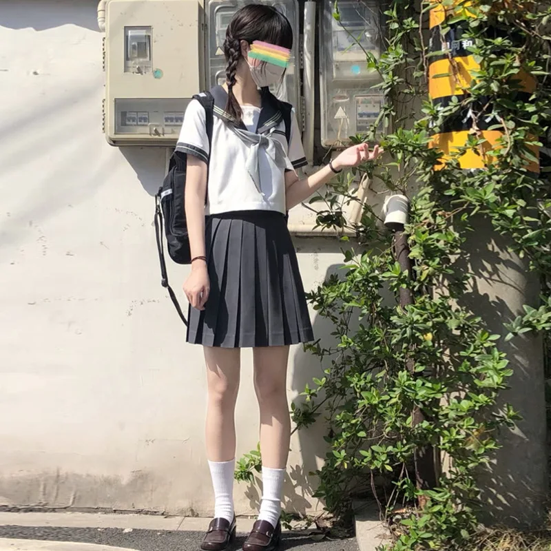 Japanese School Uniform JK Uniform Girl S-XL  Grey JK Japanese College Style Suit Sailor Costume Women Sexy Shirt Pleated Skirt