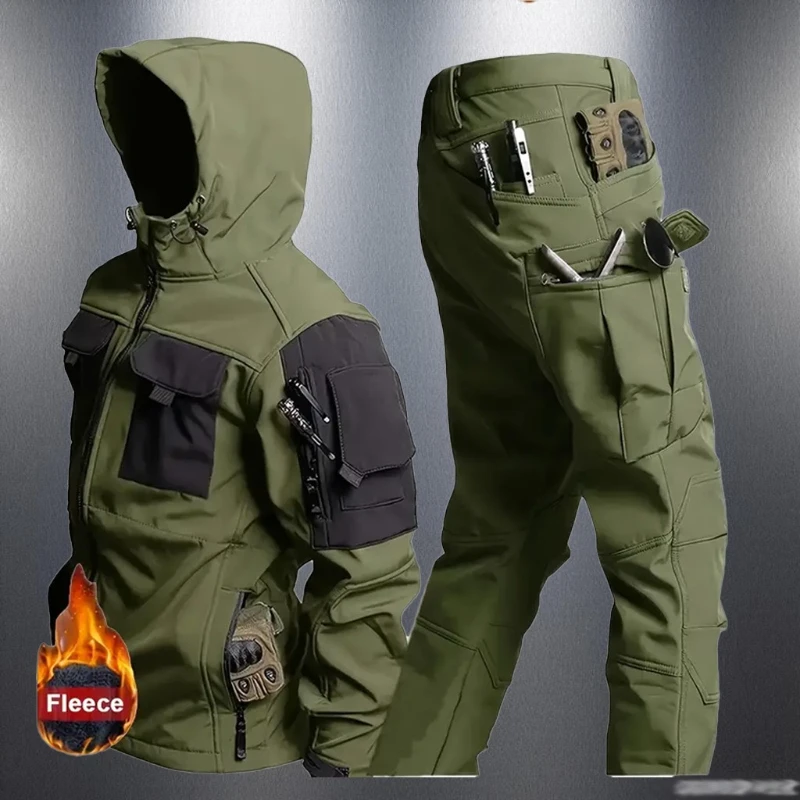 

Men's Outdoor Tactical Cargo Suits Hooded Windproof and Warm Overalls, Multi-pocket and Plush Long Jacket Suit