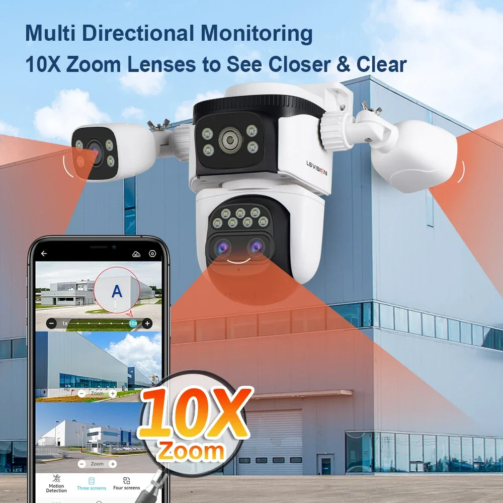 LS VISION 20MP Outdoor WiFi6 Camera 10X Zoom Four Screen Home Surveillance Cam 720° PTZ Auto Tracking IP66 Security Camera CCTV