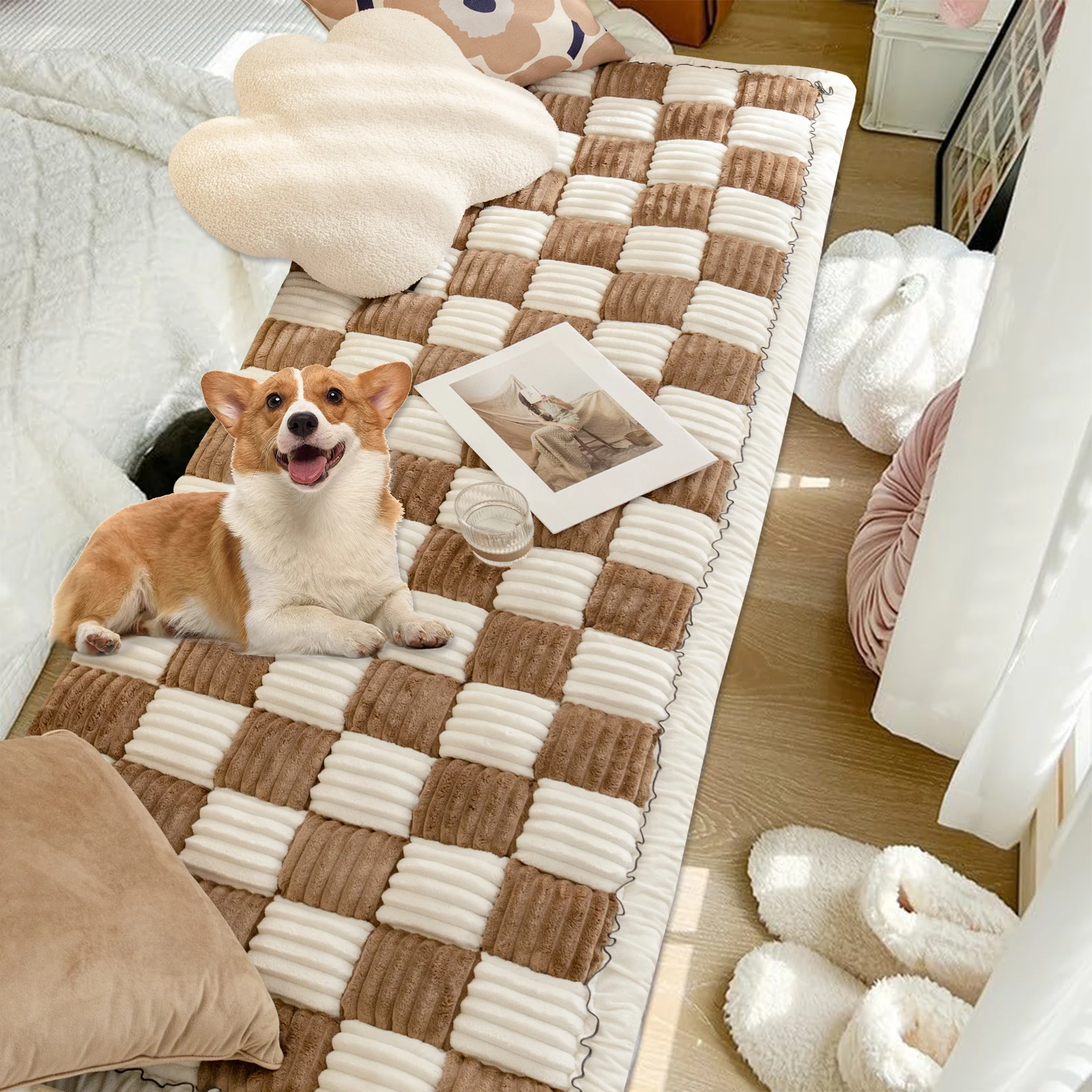 Funny Couch Cover Magic Sofa Cover Garden Cotton Protective Couch Cover Plaid Cream-Coloured Large Plaid Square Pet Mat Bed