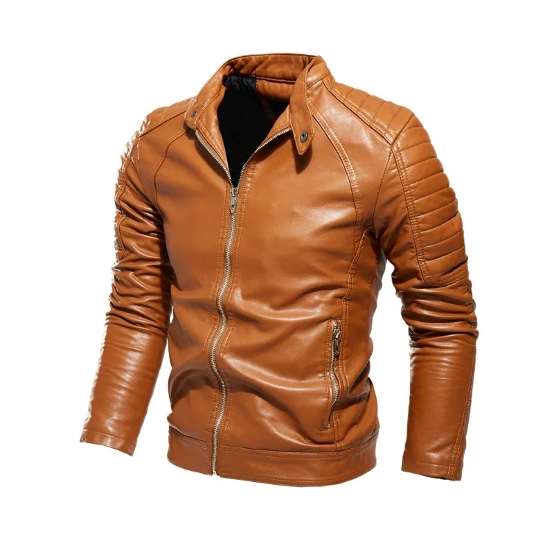 KIDWHXR Man Winter Jacket Stand Collar Solid Zipper Men Punk Fleece Coat Business Casual Long Sleeve Male Leather Outerwear