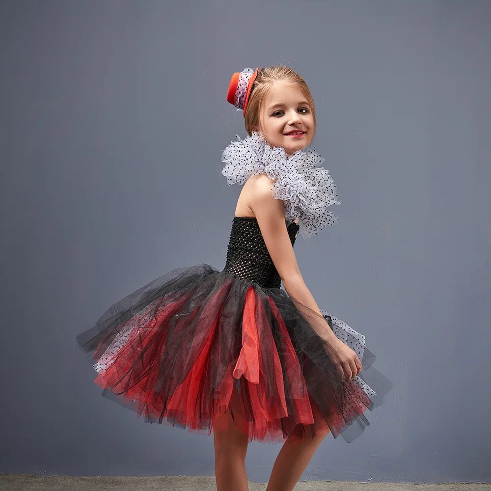 Halloween Black White Tulle Tutu Dress Puppy Motif Skirt Stylish Hat Ensemble Contrast Mesh Outfit Casual Seasonal Moment Wear