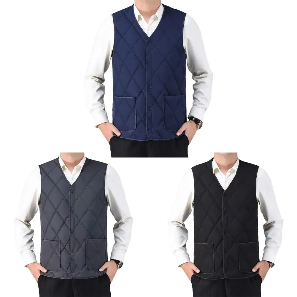 2025 Men Check Cotton Vest Men's Autumn Winter Thicken Warm Sleeveless Coats Male V-neck Solid Waistcoat Bottoming Vest Jacket