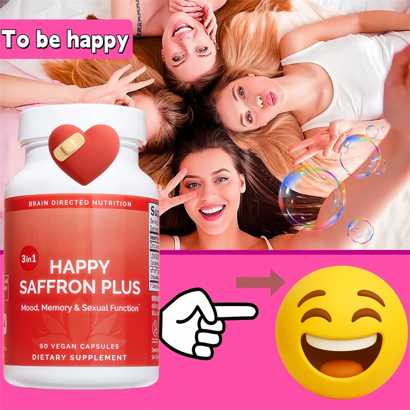 Happy Saffron Plus - Extracto de flor de azafrán, curcumina, soporte de zinc, estado de ánimo positivo, aumenta la memoria, el enfoque y limpia los vasos sanguíneos