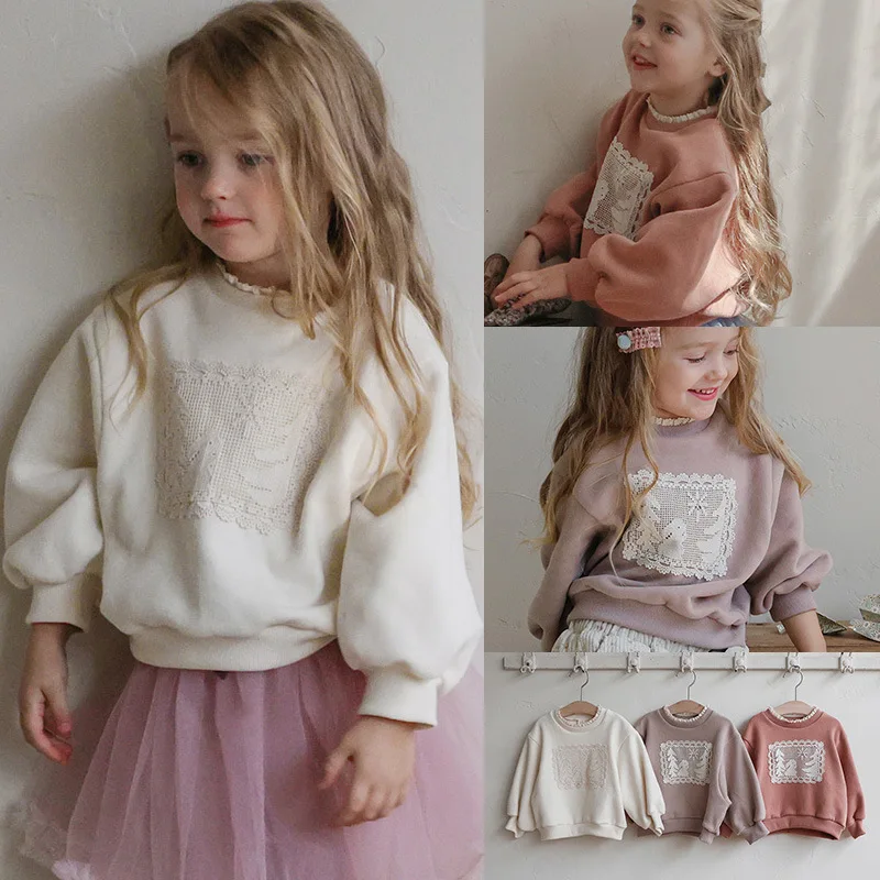 

Kids Baby Girls Sweatshirt New Winter Lace Collar Thicken Warm Toddler Girls Tops Versatile Loose Infant Baby Girls Pullovers