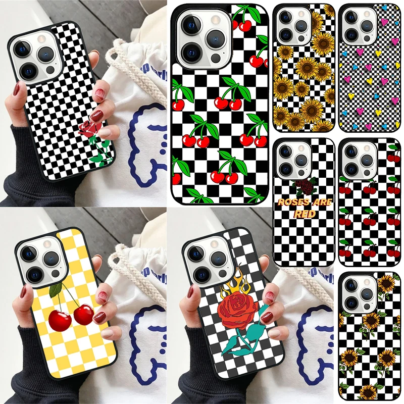 

Checkered Sunflower Rose Design Phone Case for iPhone 17 Air 16 15 14 12 13 PLUS 11 PRO MAX Cover Fundas