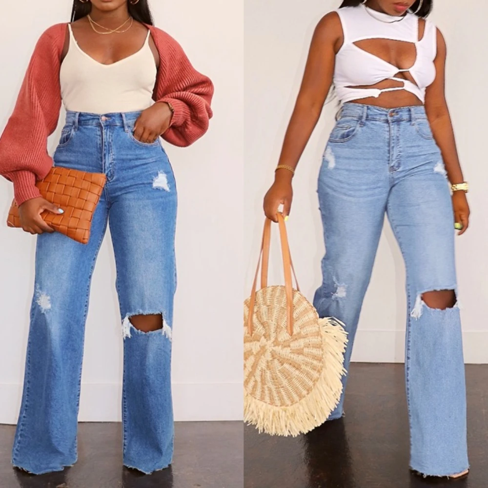 Women Jeans Wide Leg Pants Straight Long Pant Casual Loose High Waist Hole Denim Trousers Button Pocket Capris Y2k 2024 Spring