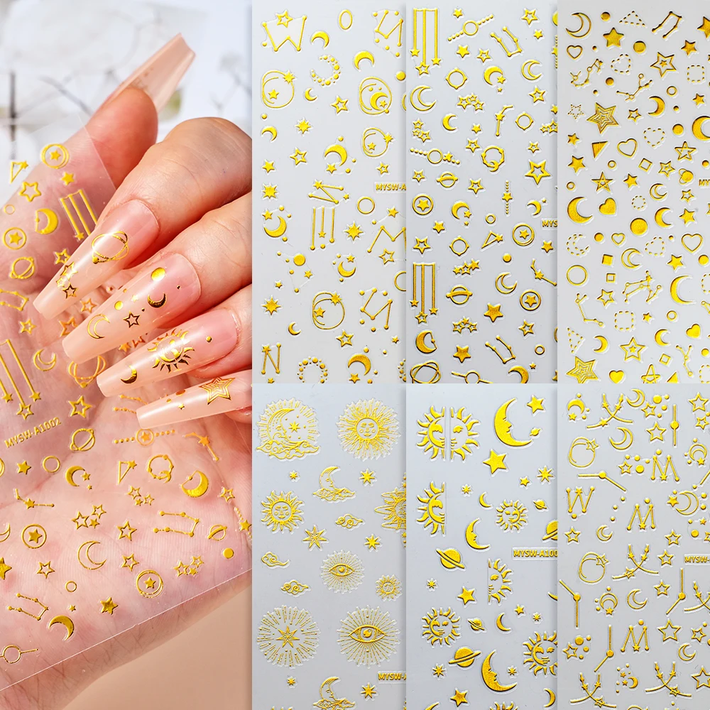 6Pcs Bronzing Gold Silver Star Moon Sun Nail Art Sticker 3D Laser Star Moon Design Adhesive Slider Decal Manicure Decoration