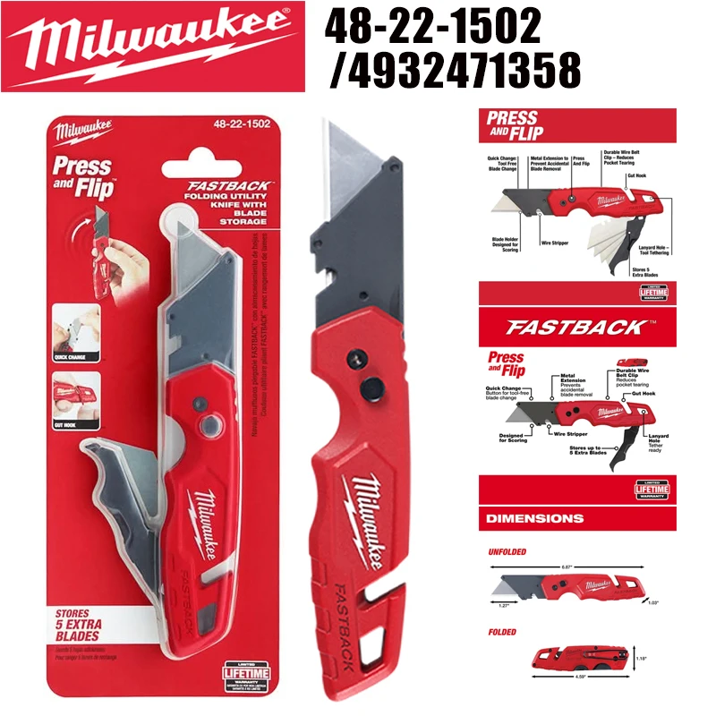 Milwaukee 48-22-1502/4932471358 FASTBACK Folding Utility Knife Press and Flip Heavy Duty Box Cutter with Blade Storage