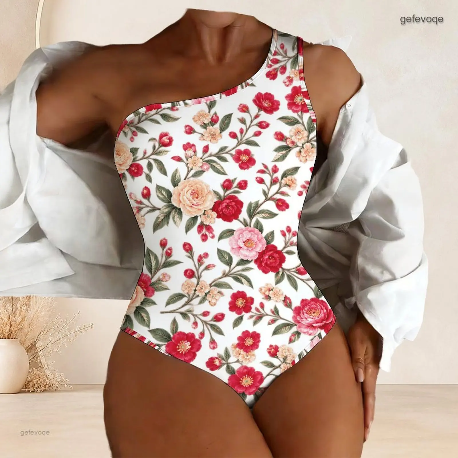 Women Printed Swimsuit One Shoulder One Piece Asymmetric Neck