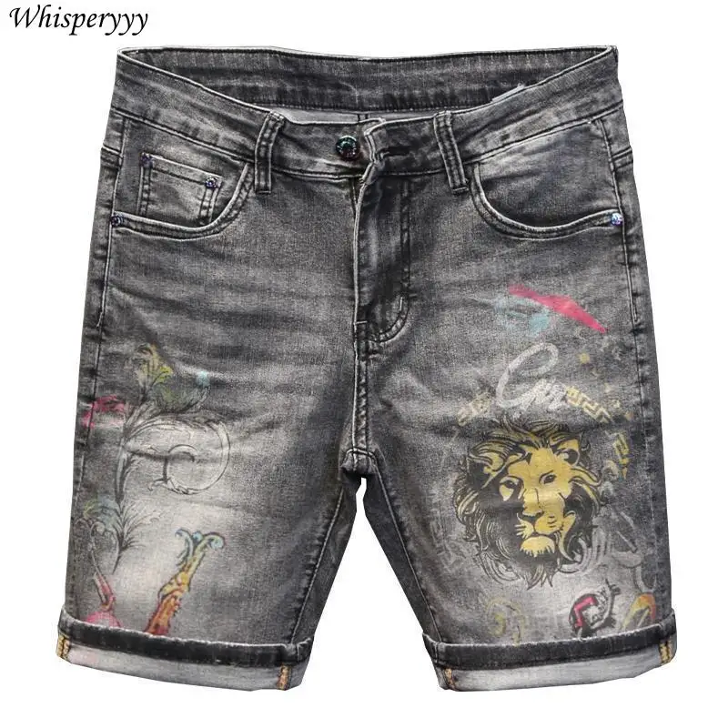 Summer Black Gray Ripped Denim Shorts Men's Fashion Casual Five-point Pants Korean Printed Pattern Medium Pants Male Jeans