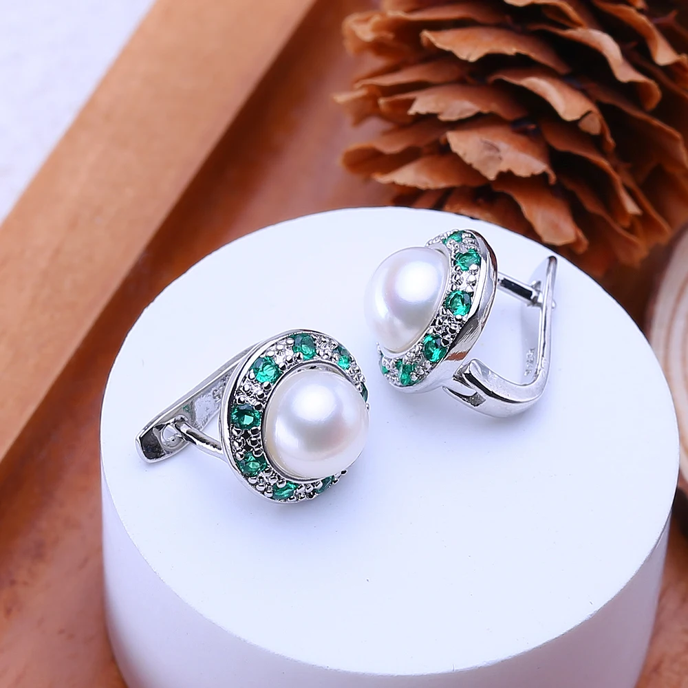 FENASY 925 Sterling Silver Natural Freshwater Pearl Earrings Green Crystal Boho Stud Earrings For Women Emerald Wedding  Jewelry