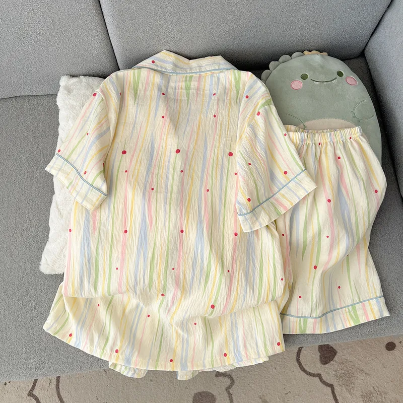 Roupa de dormir feminina, conjunto de verão com shorts de manga curta, respirável e confortável, cardigã com lapela, roupa para casa que pode ser usada fora de casa.