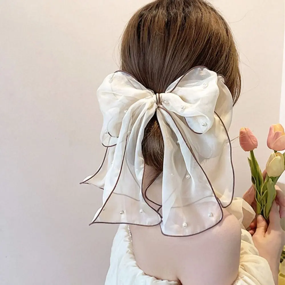 2024 New Bow Pearls Chiffon Barrettes Hairpins For Women Rhinestone Spring Hair Clips Ribbon Headband Ponytail Hair Accessories