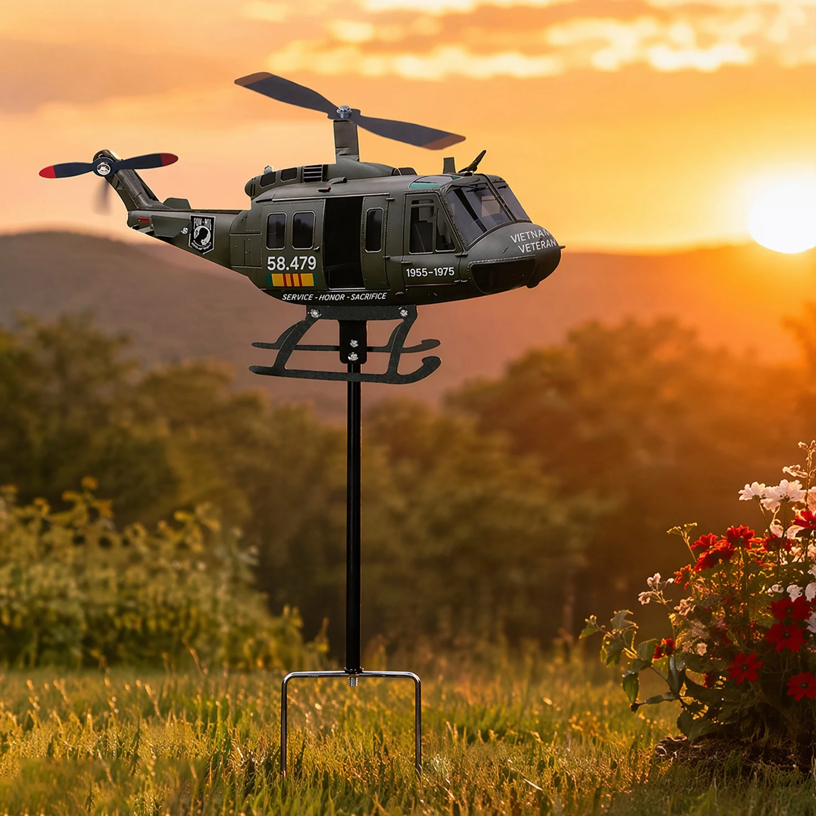 Metal Patriotic Helicopter Windmill Stake with Spinning Propeller Airplane Wind Spinner for Garden Patio Lawn Memorial Day Gift