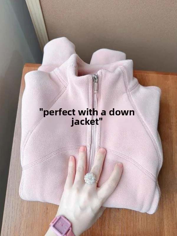 

Pink Fce Lined Stand Collar Women's Sweatirt Jaet Autumn Winter down Jaet Inner Warm Top Windbreaker Base irt