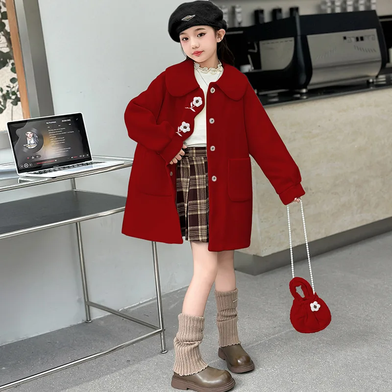 Girls Coat Autumn and Winter Woolen Coat 2024 New Fashion Girls Big Children Thickened Medium Long Clip Cotton Clothes