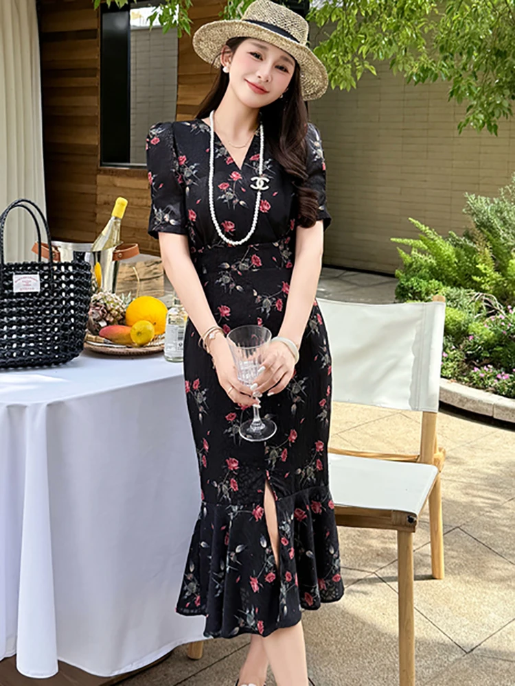 Feminino coreano vintage bodycon festival vestido de verão preto floral chique babados sereia vestido 2025 elegante luxo festa noite vestido