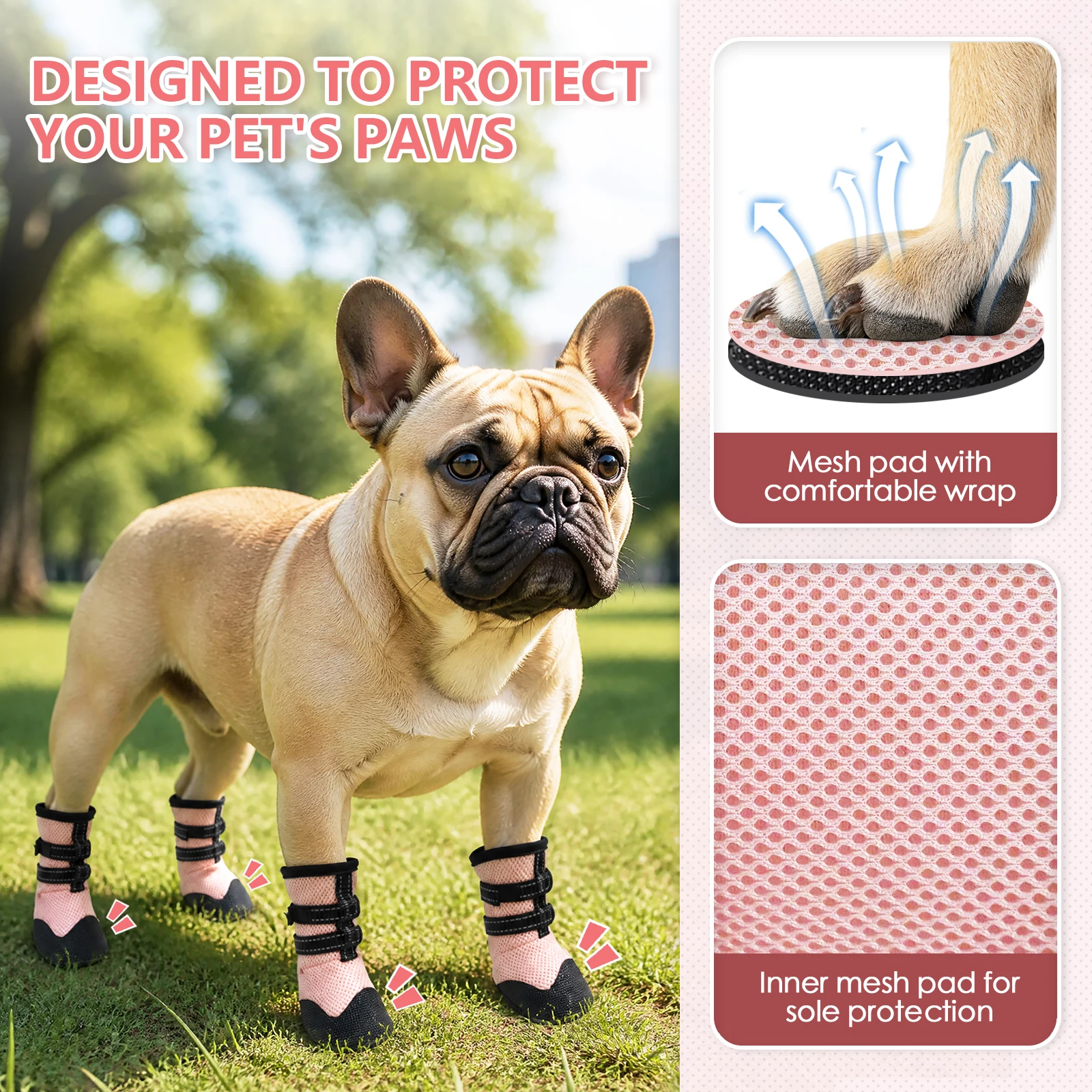 4 Stück Hundeschuhe Atmungsaktive Rutschfeste Hundeschuhe Pfotenschutz für Heißen Asphalt Outdoor-Spaziergänge Schmutz- und Insektenschutz – Detail 5