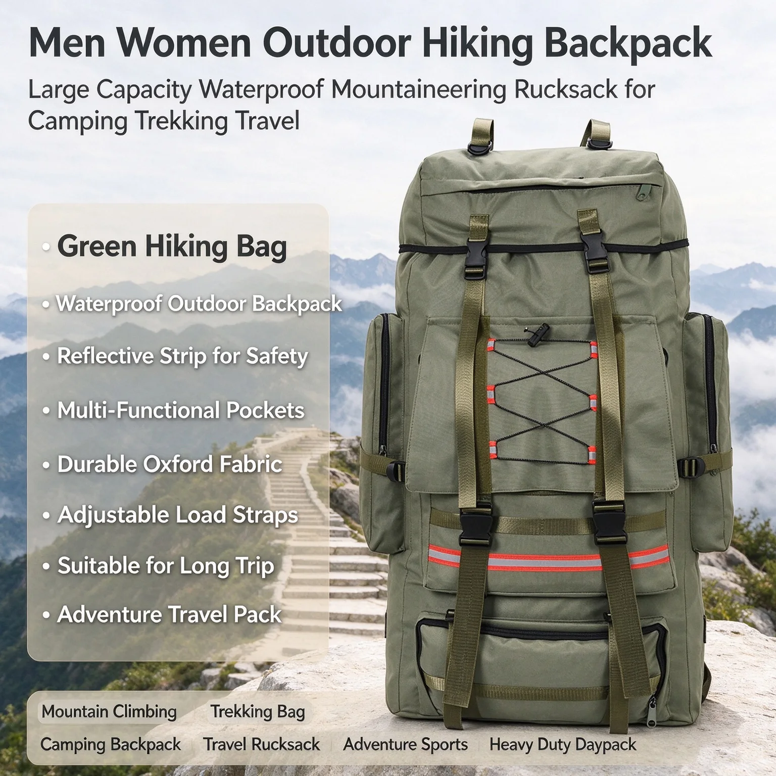 130L Large Capacity Tactical Hiking Backpack Men Women Waterproof Outdoor Mountaineering Rucksack Multi Pocket Reflective Strap