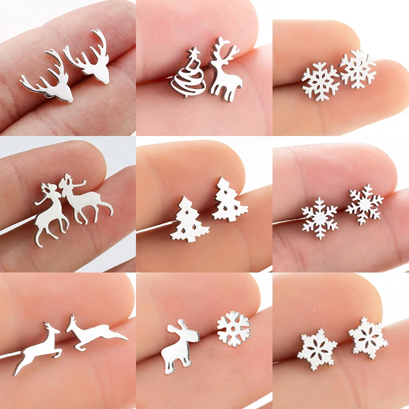 Christmas Stainless Steel Deer Tree Stud Earrings for Women Winter Snowflake Ear Jewelry Girls Xmas Party Earring Accessories