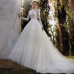 Graceful A Line Women's Wedding Dresses Appliques Lace Customized Bride Gowns Modern High Neck Long Sleeve Vestidos Novias Boda