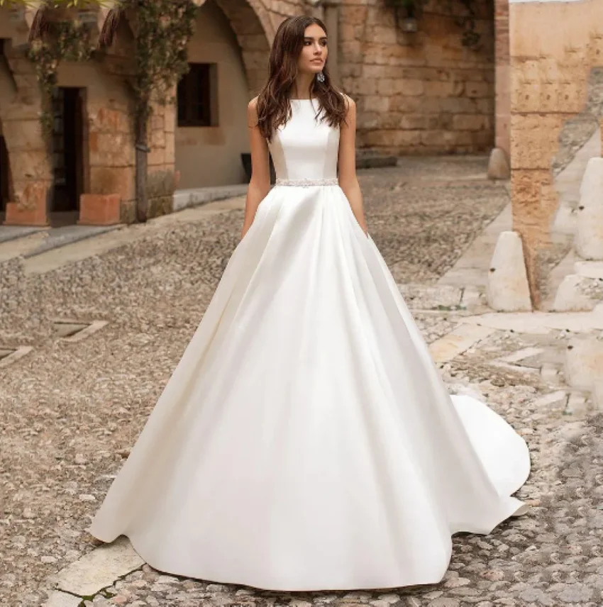 Othray Vestidos De Novia платье Satin Princess Wedding Dresses Scoop Neck Pockets Bride Gowns Buttons Country White Robe