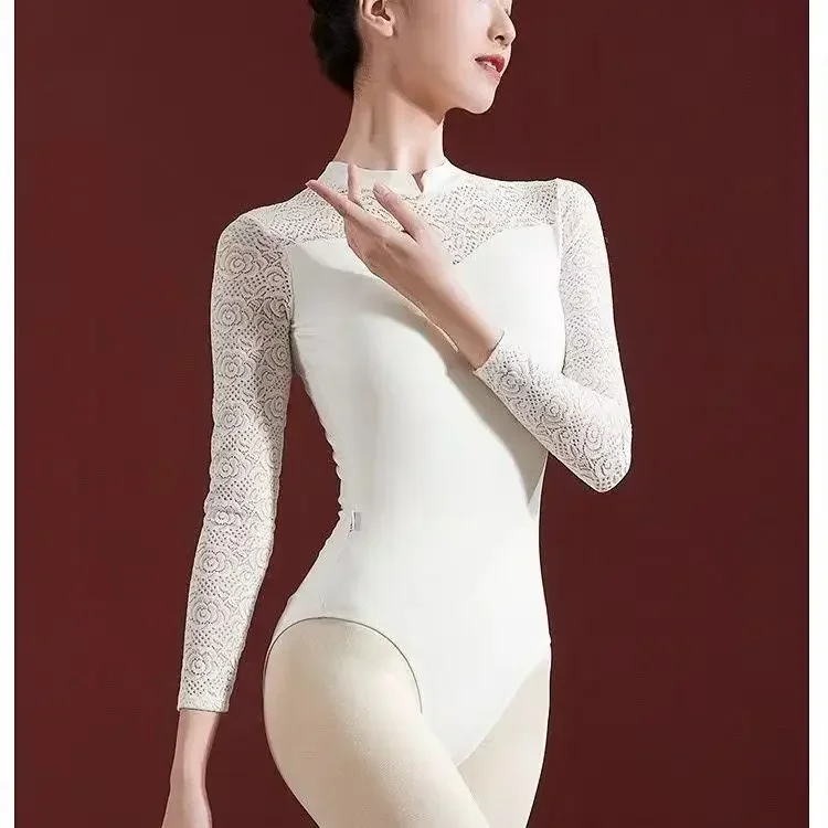 Balletmaillots Voor Dames Dancewear Kanten Rug Volwassen Ballerina Kleding Met Lange Mouwen Leotard Stand-Up Kraag Badmode Kostuum