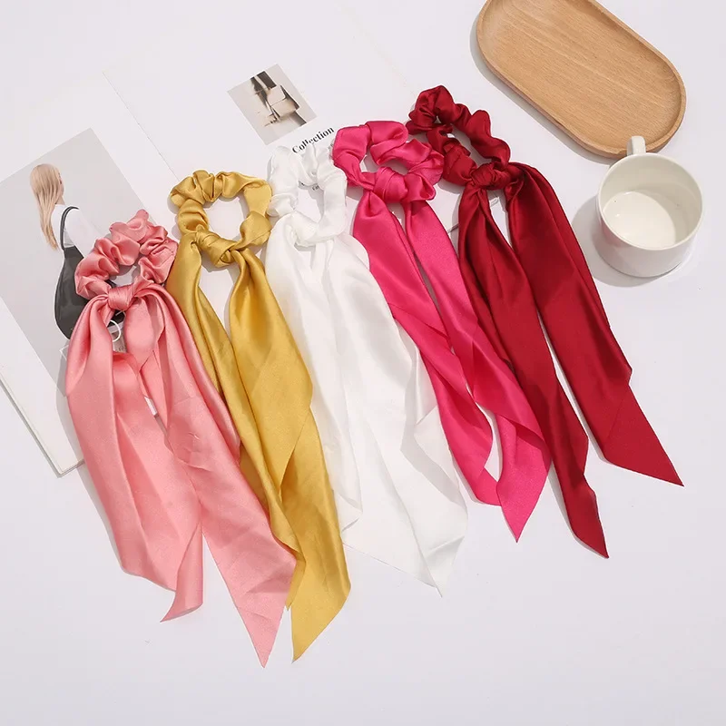 Fashion Solid Color Bow Satin Long Ribbon Ponytail Scarf Hair Tie Scrunchies Women Girls Elastic Hair Bands Hair Accessories