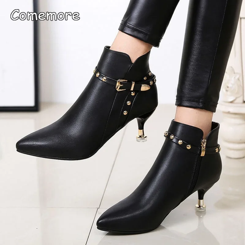 Comemore Booties Woman Winter 2022 Stiletto Pointed Toe Short Boots Women Autumn Korean Style Rivet Ankle Boot Leather Shoes 34