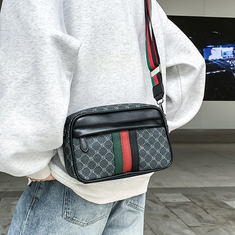 Casual Lightweight Sling Bag with Color Block Strap for Men PU Leather Messenger Bag Trend Wide Strap Crossbody Bags Designer