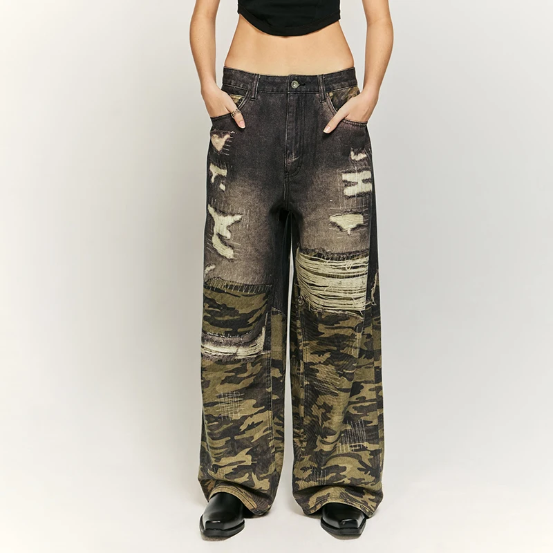 

American Style Retro Washed Camouflage Stitching Ripped Jeans Men & Women Trendy Hip-Hop Street Loose Wide Leg Mop Pants