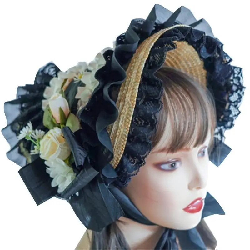 39BD Strohhut Spitze Fascinators Für Frauen Lolit Strohhut Tees Party Sonnenhut Viktorianischen Kopfschmuck Viktorianische – Detail 3