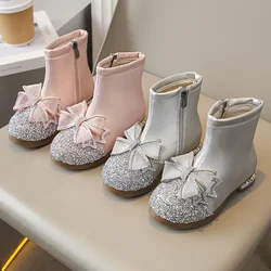 Girls Leather Boots Autumn Winter New Casual Single Boots Princess Fashion Ankle Boots Crystal Rhinestone Butterfly Ankle