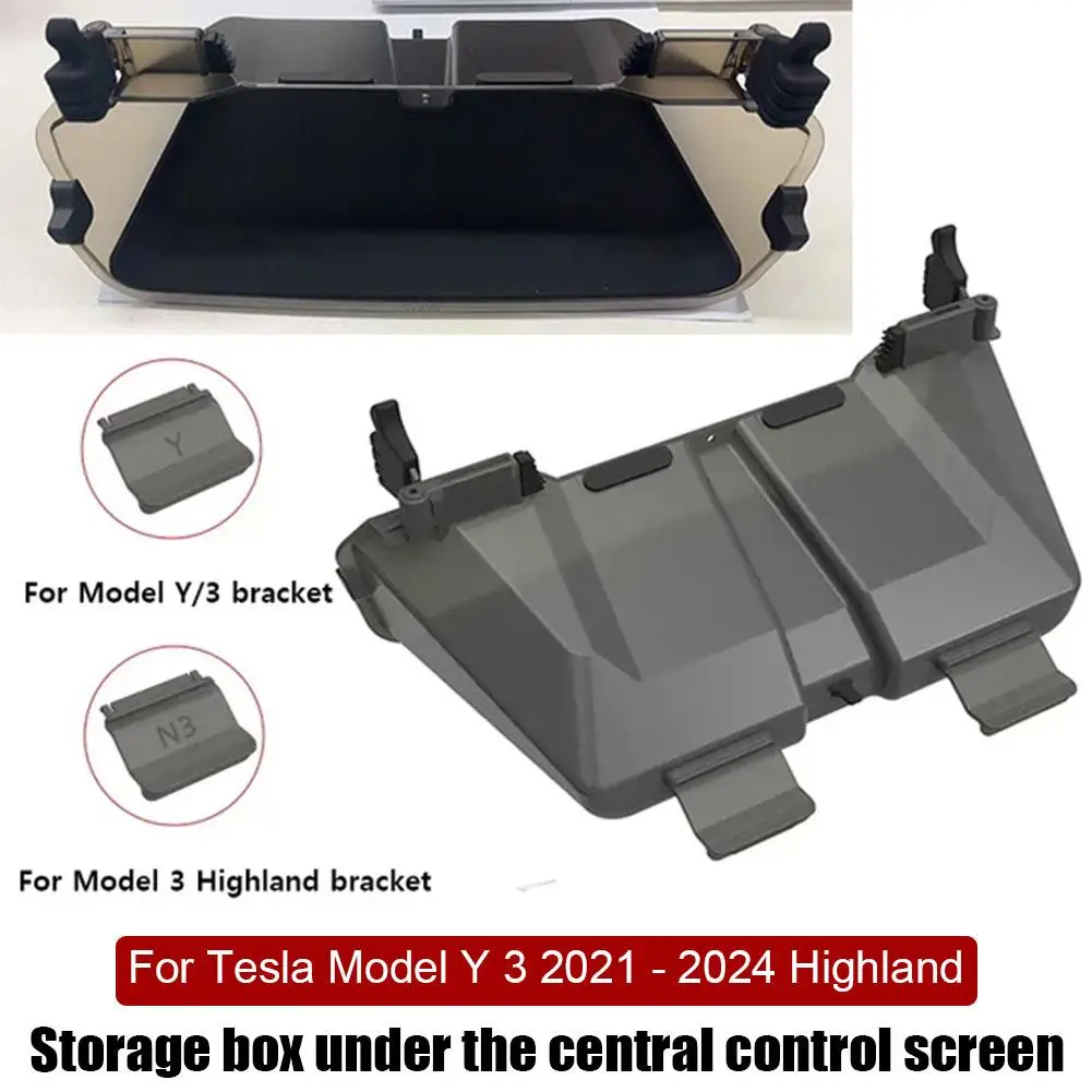 Under Screen Storage Tray For Tesla Model Y 3 2021 - 2024 Highland Hidden Under Screen Storage Box With Anti-slip Mat