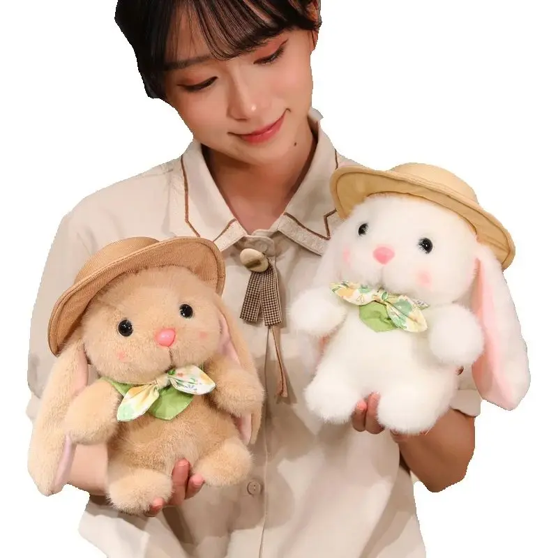 

New Pretty Cartoon Outing Rabbit Plush Toys Soft Fluffy Lovely Long Ears Bunny Doll Wearing Hat Silk Scarf Cute Companion Doll