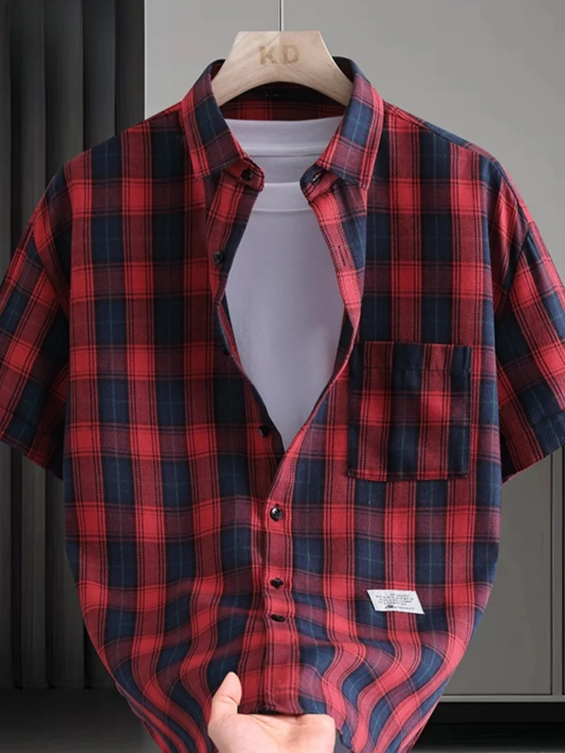 Camisa Casual de Manga Curta Xadrez TUCANO para Homens, Roupas de Trabalho de Verão, Camisa Casual Juvenil em Algodão e Polié...