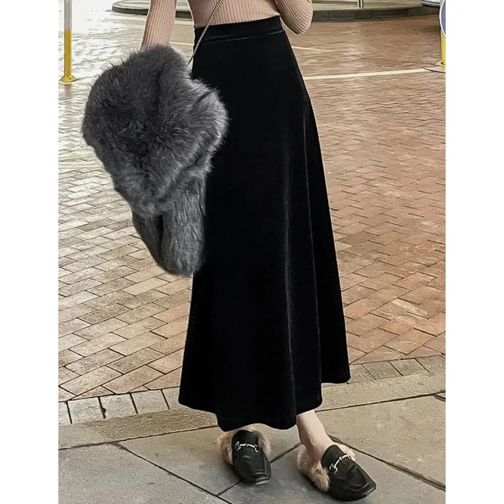 Women Elastic High Waist A-line Long Velour Skirts Autumn Winter Ladies Fashion Black Maxi Skirt New Female Golden Velvet Skirts