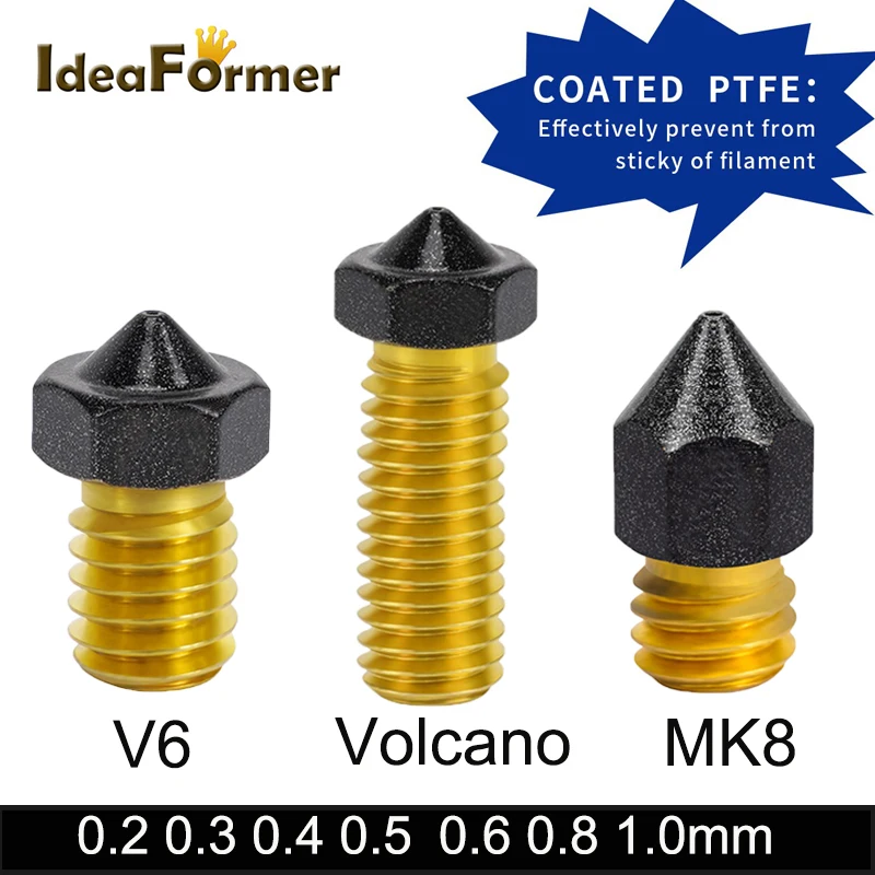 

Сопло MK7 MK8/ E3D V6 Volcano, латунное покрытие из ПТФЭ 0,2/0,3/0,4/0,5/0,6/0,8/1,0 мм, сопло для 3D-принтера, для филамента 1,75 мм, Hotend