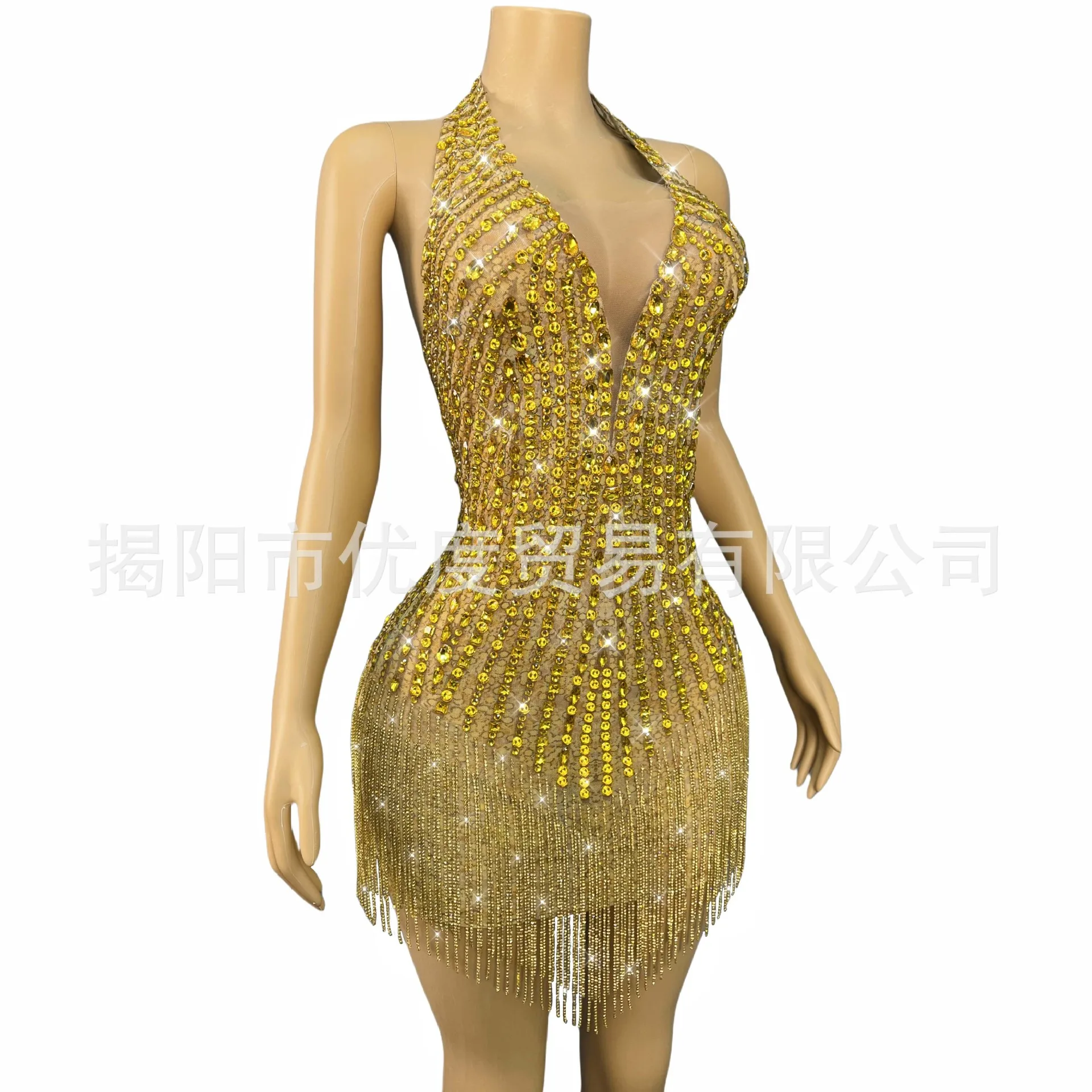 Golden Backless Halterneck Rhinestone Chain Short Skirt Female Singer Party Dance Performance Golden Silkworm Yarn Evening Dress