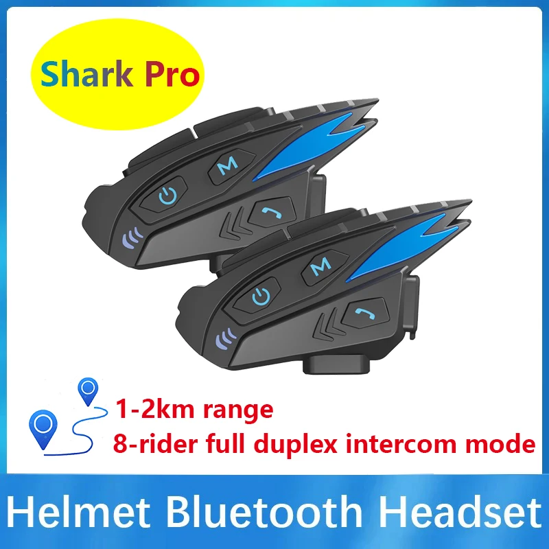 Motorcycle Helmet Bluetooth Intercom Headset Shark Pro IP65 Waterproof CVC Denoise FM Radio Connection 2 Devices Music Sharing