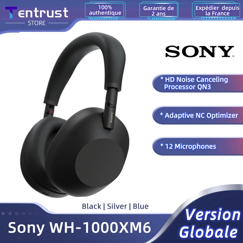 Original Sony WH-1000XM6 asque antibruit sans fil  HD ⁤Processeur antibruit QN3 12 micros autonomie de la batterie 30 heures