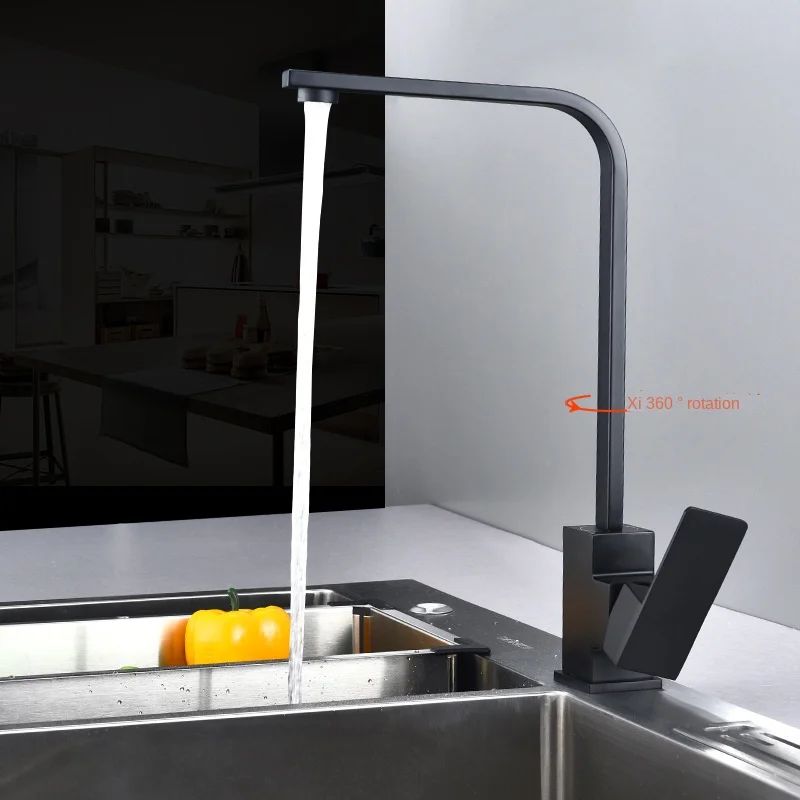 Black Paint Seven-Character Square Kitchen Faucet Refined Copper Hot and Cold Rotatable Sink Vegetable Basin Faucet