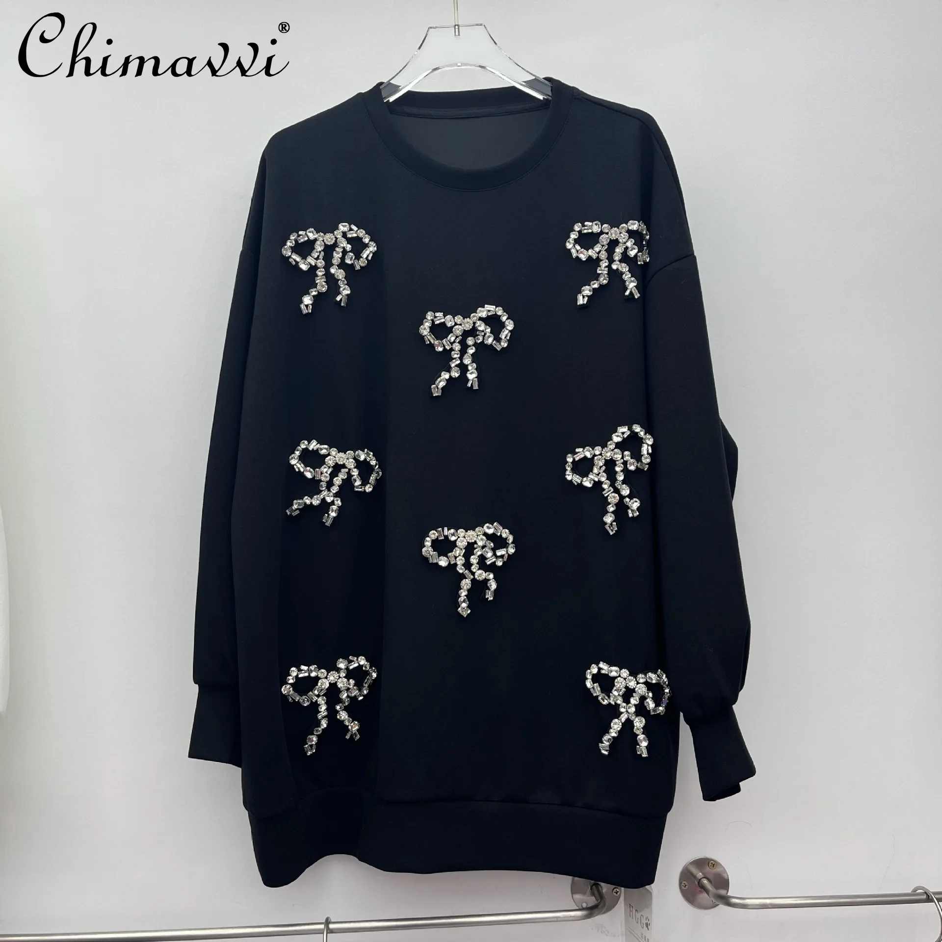 American Fashion Streetwear Heavy Industry Diamond Bow Oversized Pullovers Tops Sports Casual Loose Sweatshirt Women Autumn 2025