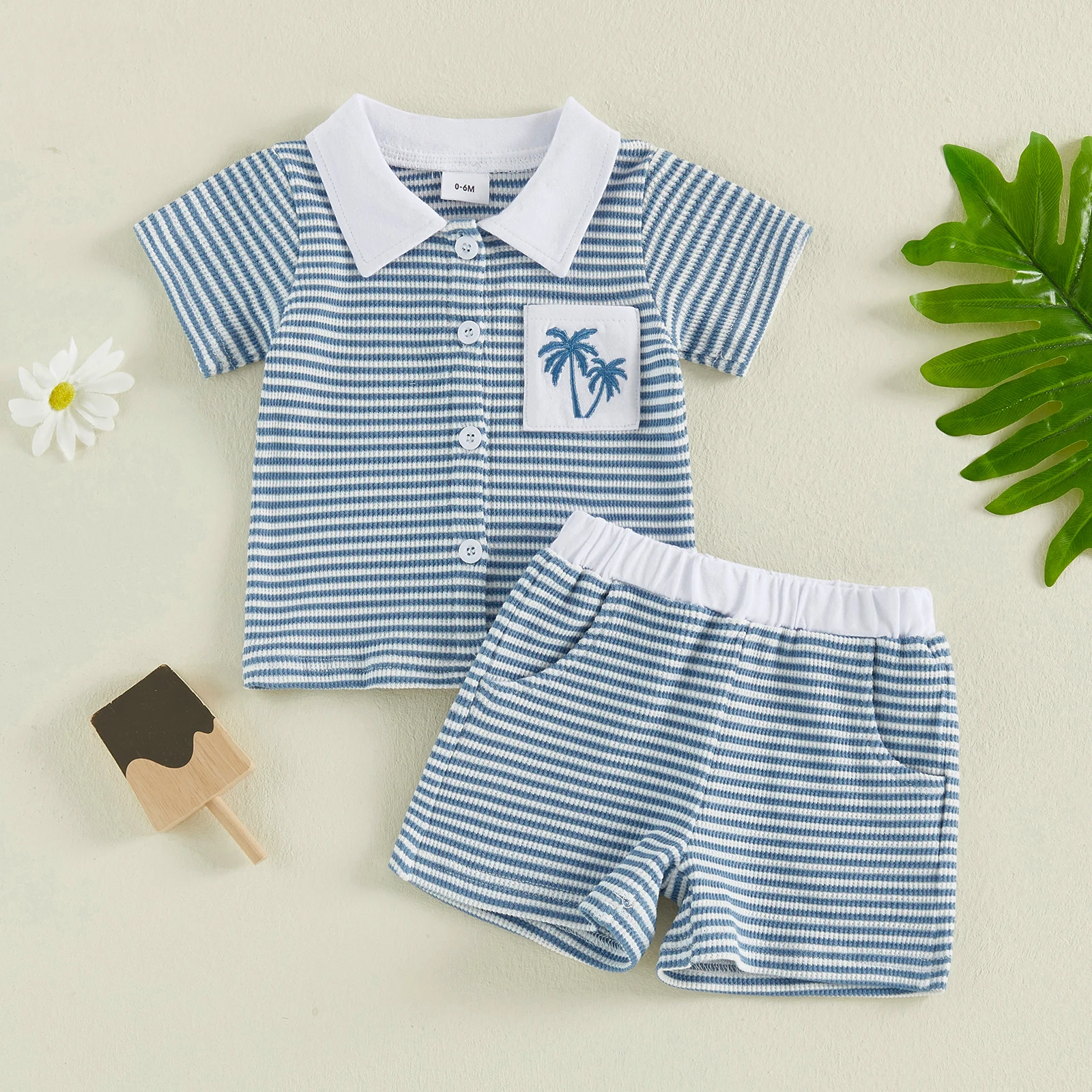 

Летняя одежда для маленьких мальчиков от 0 до 4 лет, модные полосатые топы с короткими рукавами и вышивкой в ​​виде кокосовой пальмы, комплект из 2 предметов с шортами